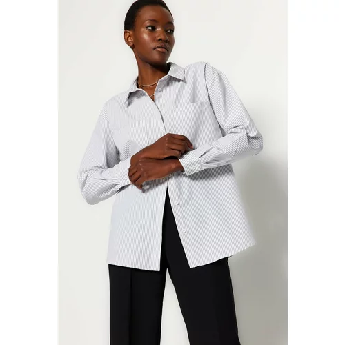 Trendyol Gray Striped Pocket Detailed Oversize Woven Shirt