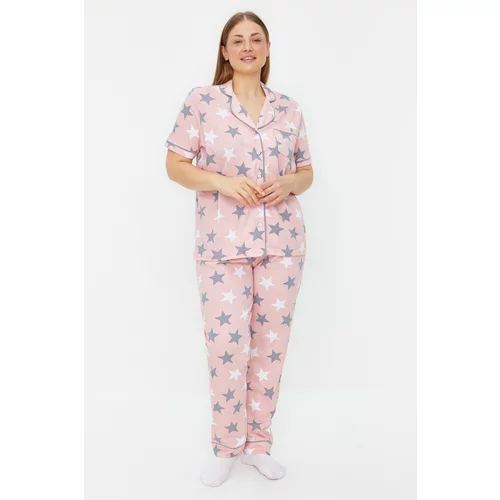 Trendyol Curve Powder Star Patterned Sleep Striped Knitted Pajama Set