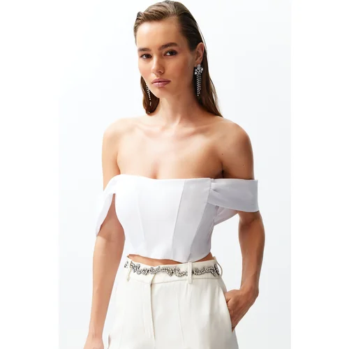 Trendyol White Carmen Collar Crop Woven Bustier