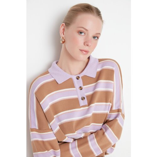 Trendyol Camel Striped Polo Neck Knitted Sweater Cene