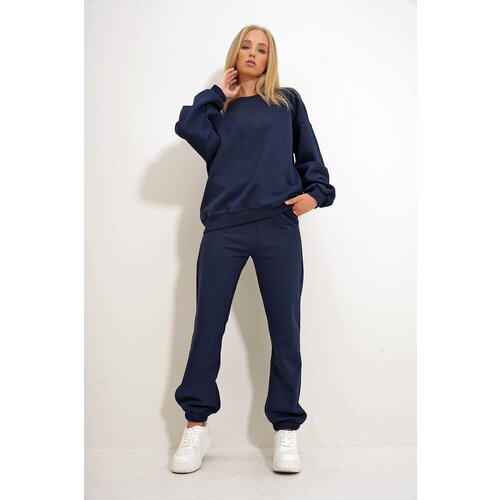  Women's Navy Blue Crew Neck Elastic Waist and Leg Two Yarn Basic Tracksuit Cene