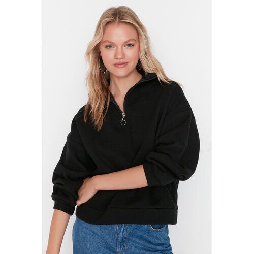 Trendyol Black Zipper Detailed Raised Boyfriend Knitted Sweatshirt Slike