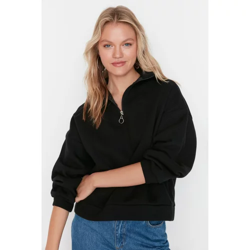 Trendyol Black Zipper Detailed Raised Boyfriend Knitted Sweatshirt