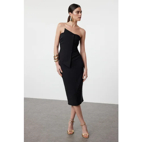 Nikka Black Asymmetrical Collar Detailed Woven Elegant Evening Dress