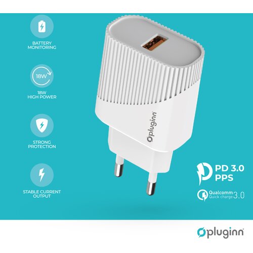 Kućni punjač pluginn PI-D52S, QC3.0 18W sa lightning kablom beli Cene