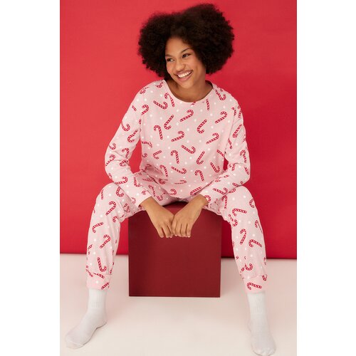 Trendyol Pink 100% Cotton Christmas Theme with Print Tshirt-Pants, Knitted Pajamas Set Cene