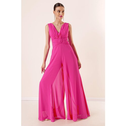 By Saygı Low-Collection Front Back V-Neck Lined Chiffon Jumpsuit. Slike