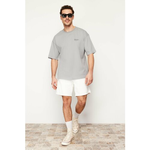 Trendyol Gray Men's Oversize 100% Cotton Crew Neck Minimal Text Printed T-Shirt Cene