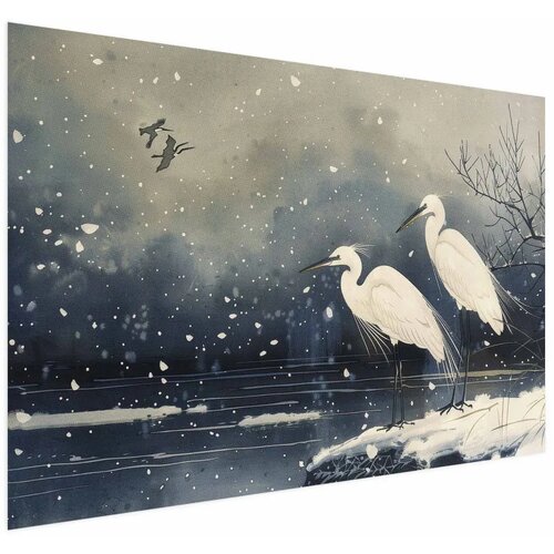 Plakat - Herons over a Winter Pond - illustration in the Japanese style in dark colors 42x29.7 Bez okvira Cene