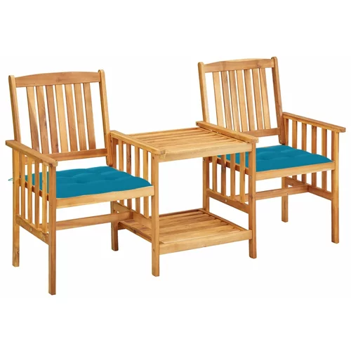 vidaXL Vrtni stoli s čajno mizico in blazinami trden akacijev les
