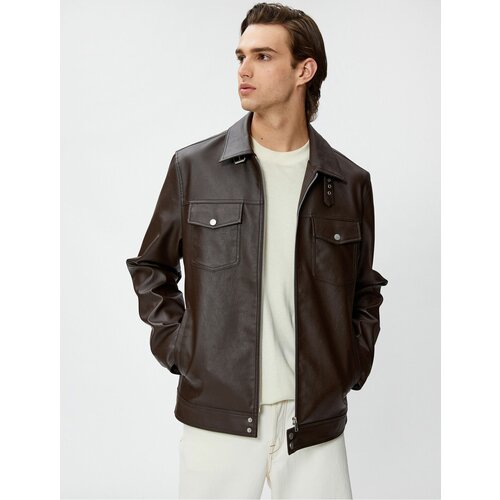 Koton Leather Look Jacket Classic Collar Pocket Detailed Zipper Cene