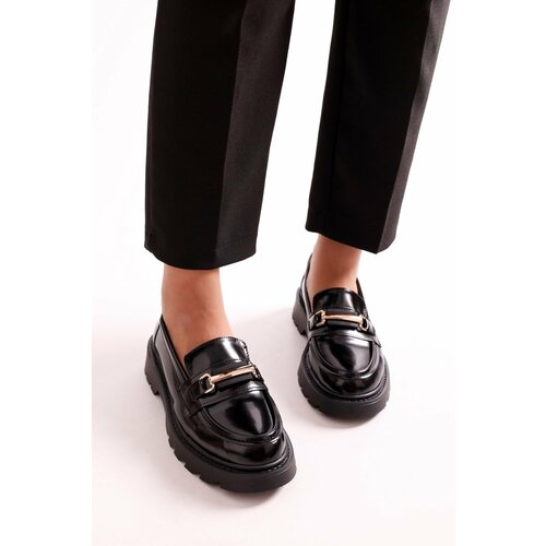 Shoeberry Women's Choc Black Patent Leather Thick Sole Buckle Loafer Black Patent Leather Slike
