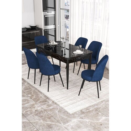 Hanah home trpezarijski set Via, sto na razvlačenje i 6 stolica, ploča u dekoru crnog mermera, teget tkanina Jerry Cene