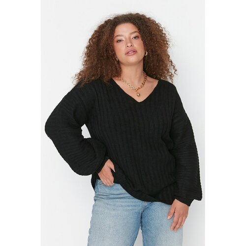 Trendyol Curve Black Lace Detailed V Neck Knitwear Sweater Slike