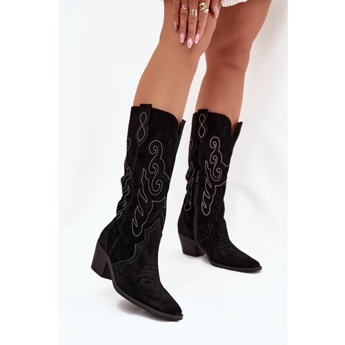 Zazoo Suede Women&amp;#039;s Cowboy Boots With Heel Black Karira Slike