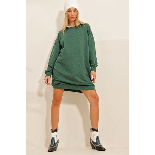 Trend Alaçatı Stili Women's Walnut Green Crew Neck Oversized Sweatshirt Dress Slike