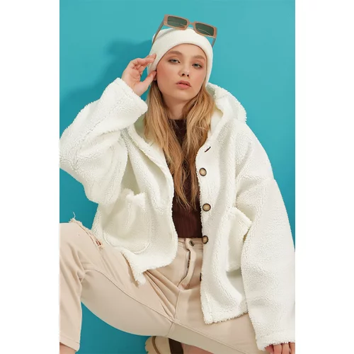 Trend Alaçatı Stili Women's Ecru Hooded Double Pocket Plush Coat