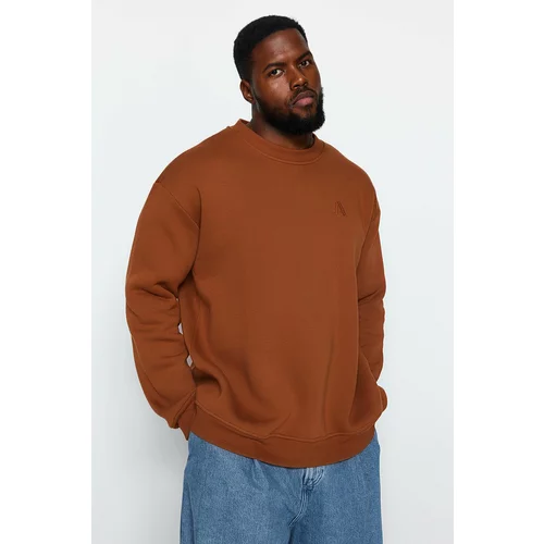 Trendyol Brown Men's Plus Size Relaxed/Comfortable Cut, Soft Pile Cotton Sweatshirt