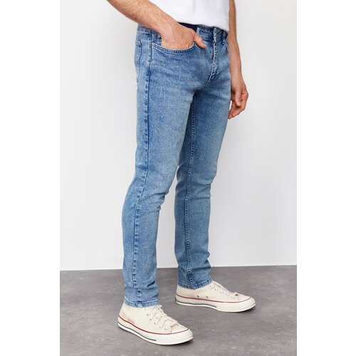 Trendyol Men's Blue Skinny Fit Rake Destroyed Jeans Denim Trousers Cene