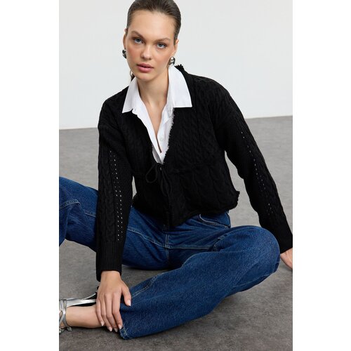 Trendyol Black Crop Tie Detail Knitwear Cardigan Slike