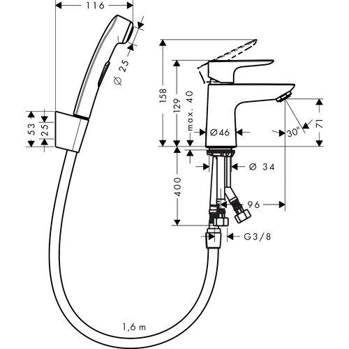 Hansgrohe enoročna armatura za bide Talis E z ročno prho, cevjo in zgornjim delom sifona (71729000) Slike