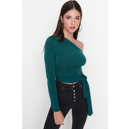 Trendyol Emerald Green One Sleeve Tie Detail Fitted Knitted Blouse Slike