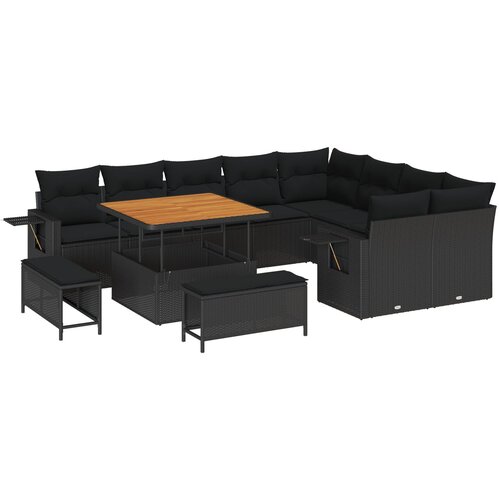 vidaXL set vrtnih sofa od 12 komada s jastučićima Crna Poli ratan Acacia, 3-dijelni vrtni set za objedovanje s jastučićima Crna Poli ratan Acacia Cijene