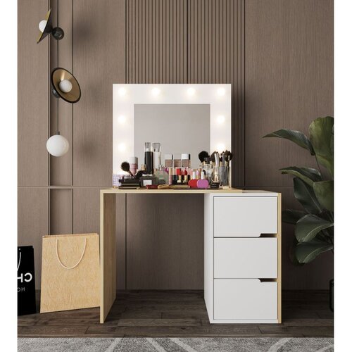 Hanah home toaletni sto Modena Hollywood sa ogledalom i osvetljenjem, 120 cm, hrast Sapphire / beli Slike