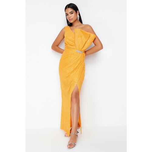 Trendyol orange accessory detailed sequin evening dress Cene
