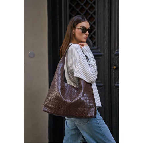 Madamra Brown Women's Knitted Patterned Bottega Leather Shoulder Bag