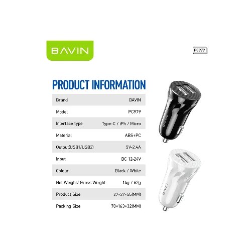 BAVIN auto punjač 2xUSB + kabl type-c crna Cene