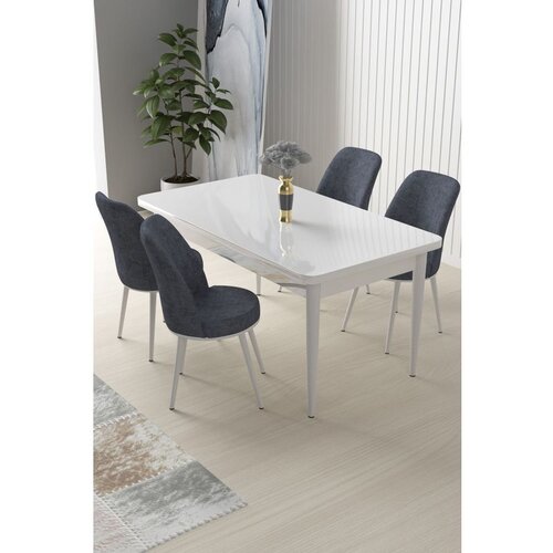 Hanah home Nil - White, Fume WhiteFume Dining Table & Chairs Set (5 Pieces) Cene