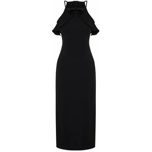 Trendyol Black Straight Cut Ruffle Detail Maxi Woven Dress