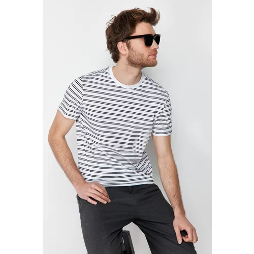 Trendyol Men's White Regular/Normal Cut Striped 100% Cotton T-Shirt
