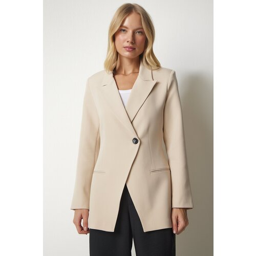  Women&amp;#039;s Cream Double Breasted Collar One-Button Blazer Jacket Slike