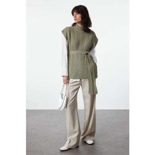 Trendyol Green Wide Fit Wool Belted Knitwear Sweater