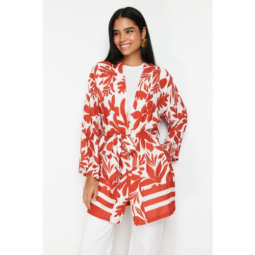 Trendyol Red Floral Patterned Tie Detailed Pocket Kimono & Kaftan Slike