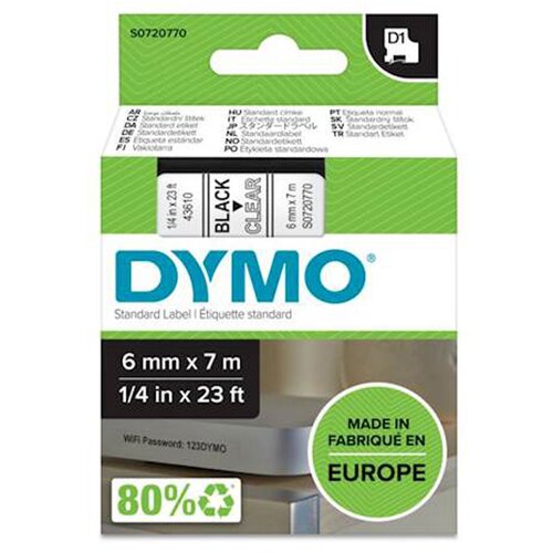 Dymo Trak D1 43610, 6 mm / 7 m (črno/prozoren), original Cene