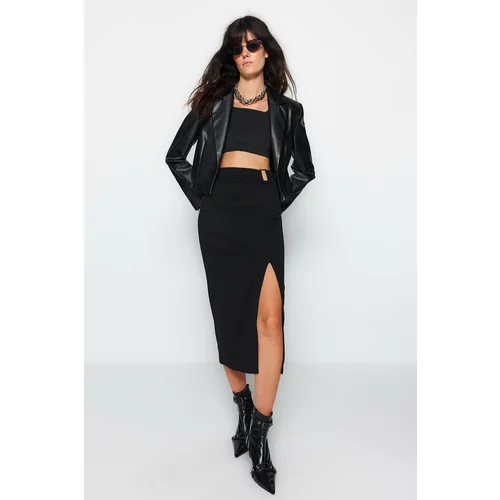 Trendyol Black Crepe Buckle Maxi High Waist Elastic Knitted Skirt with Slit Detail