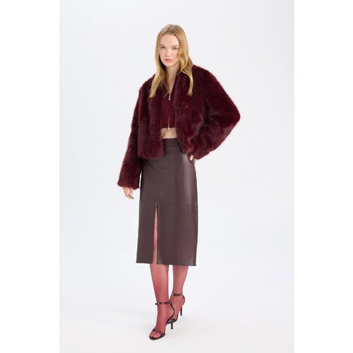 Defacto High Waist Combed Cotton Lined Slit Midi Faux Leather Burgundy Pencil Skirt Cene