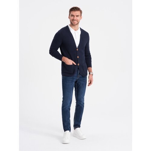 Ombre Men's structured cardigan sweater with pockets - navy blue Slike