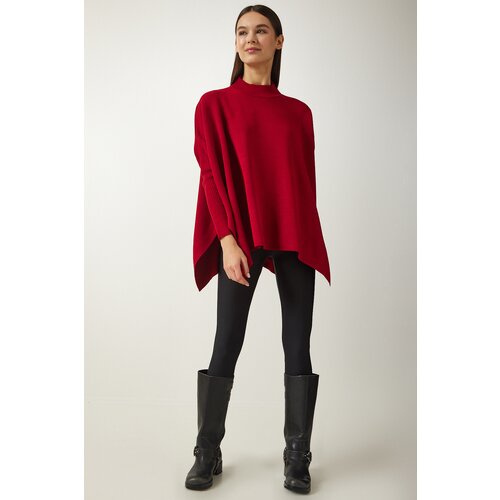 Women's Red Stand-Up Collar Slit Knitwear Poncho Sweater Slike