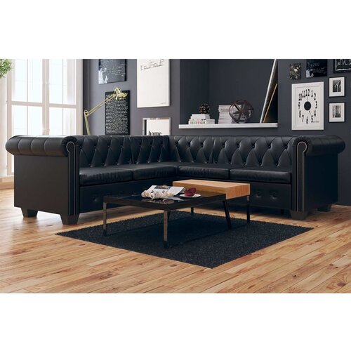 VidaXL Chesterfield Kutna Sofa za 5 Osoba, Crna, Imitacija Kože Slike