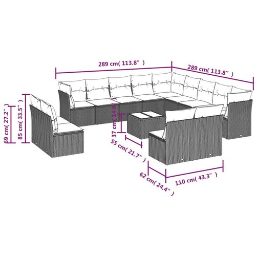  14-dijelni set vrtnih sofa s jastucima poliratan crni Slike