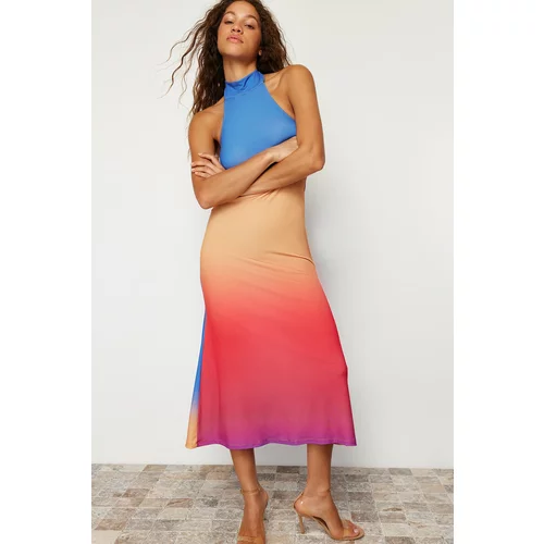 Trendyol Multi-Colored Patterned Halter Neck Fitted Flexible Knitted Midi Dress