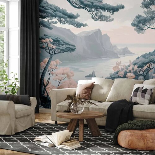  Foto tapeta - Mountainous Coast with Trees and Rocks in Light Pastel Blues 500x350 Premium Cijene