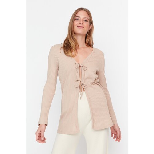 Trendyol Beige Front Tied Camisole Knitted Cardigan Slike
