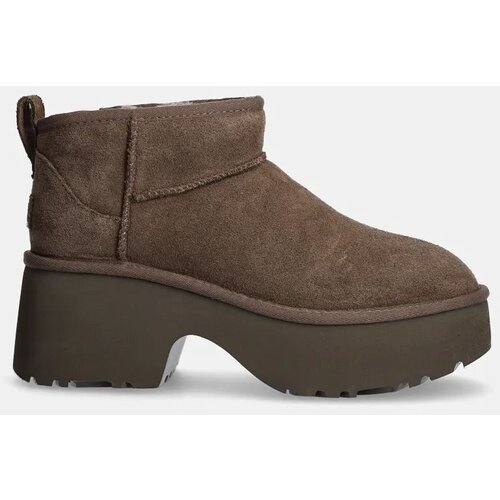 Ugg Gležnječe od bru&amp;scaron;ene kože Classic Ultra Mini New Heights za žene, boja: smeđa, s debelom potpeticom, s toplom podstavom, 1158311-HCK Slike