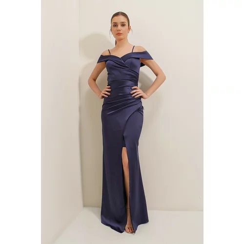 By Saygı Navy Blue with Boat Neck Skirt Pleated Lined Long Satin Dress