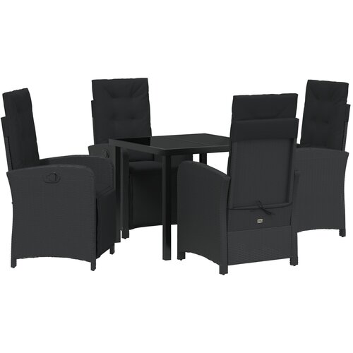 VidaXL 5-delna vrtnarska jedilna garnitura z blazinami črni poli ratan, vrtnarska miza črna 80x80x73 cm kaljeno steklo Slike